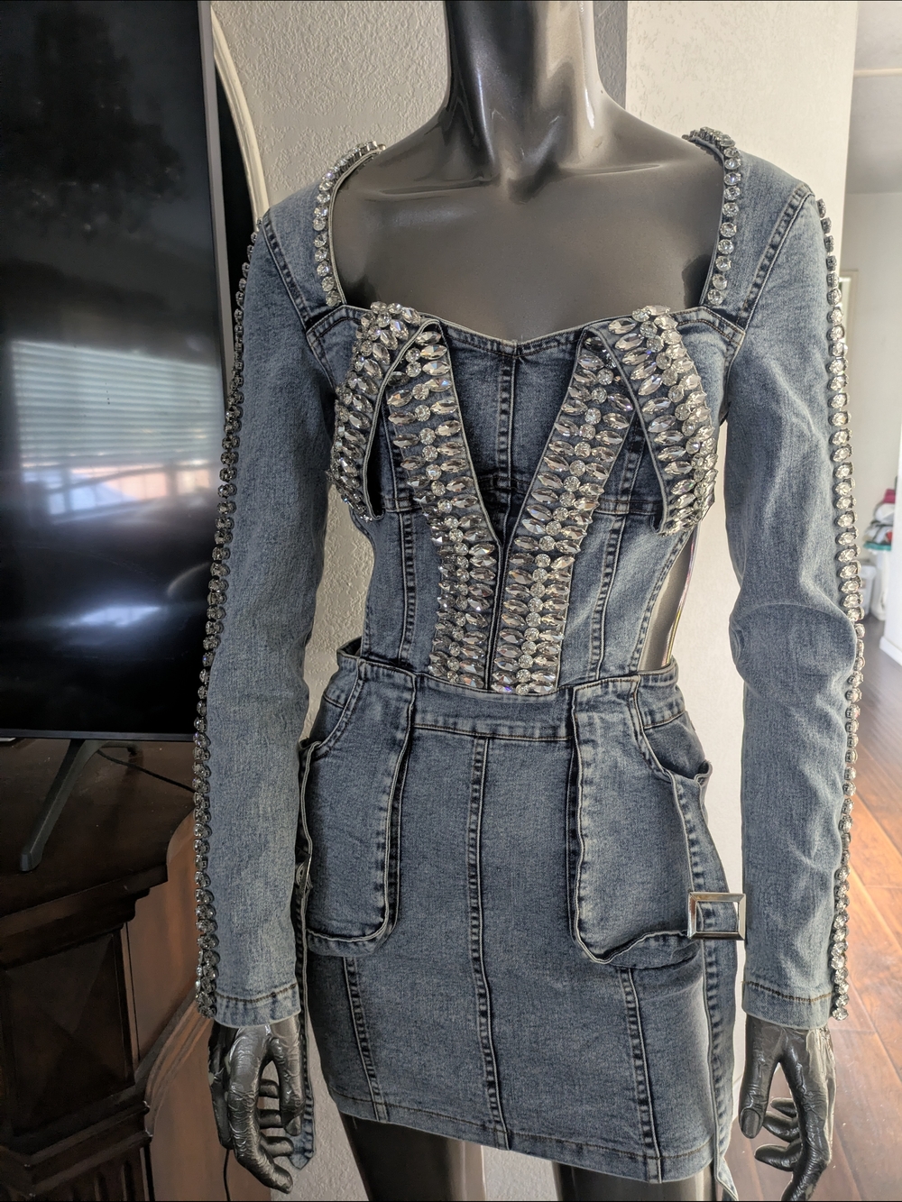 Embellished Denim Mini Dress - Blue